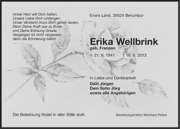 Traueranzeige von Erika Wellbrink von Ostfriesischer Kurier