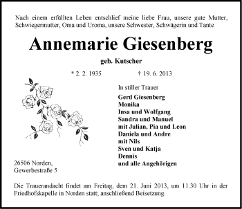 Traueranzeige von Annemarie Giesenberg von Ostfriesischer Kurier