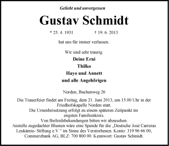 Traueranzeige von Gustav Schmidt von Ostfriesischer Kurier