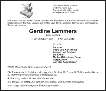 Traueranzeige von Gerdine Lammers von Ostfriesischer Kurier