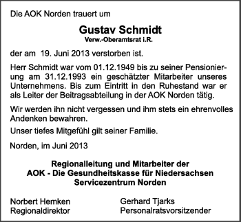Traueranzeige von Gustav Schmidt von Ostfriesischer Kurier