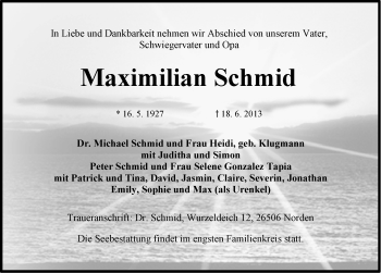 Traueranzeige von Maximilian Schmid von Ostfriesischer Kurier