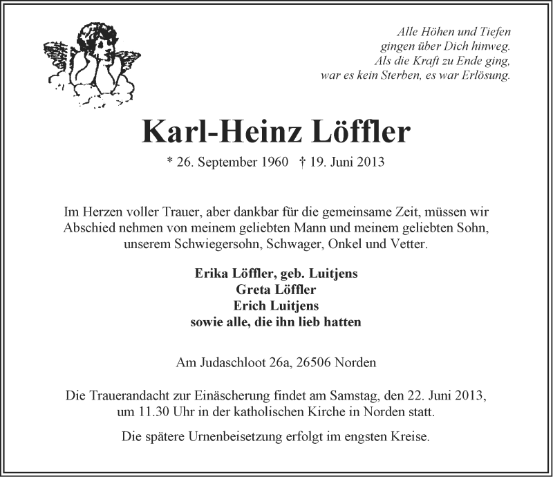  Traueranzeige für Karl-Heinz Löffler vom 21.06.2013 aus Ostfriesischer Kurier