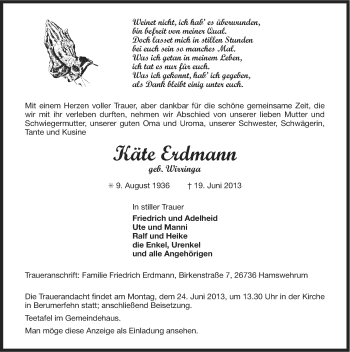 Traueranzeige von Käte Erdmann von Ostfriesischer Kurier