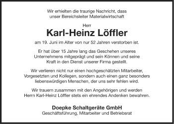 Traueranzeige von Karl-Heinz Löffler von Ostfriesischer Kurier