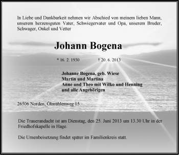 Traueranzeige von Johann Bogena von Ostfriesischer Kurier