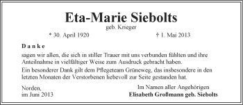 Traueranzeige von Eta-Marie Siebolts von Ostfriesischer Kurier