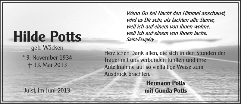  Traueranzeige für Hilde Potts vom 22.06.2013 aus Ostfriesischer Kurier