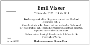 Traueranzeige von Emil Visser von Ostfriesischer Kurier