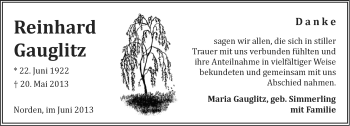 Traueranzeige von Reinhard Gauglitz von Ostfriesischer Kurier