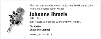 Traueranzeige von Johanne Ihmels von Ostfriesischer Kurier