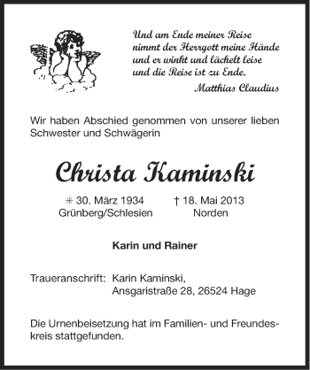 Traueranzeige von Christa Kaminski von Ostfriesischer Kurier