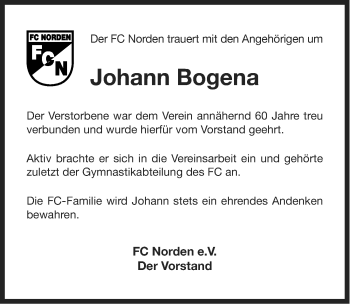 Traueranzeige von Johann Bogena von Ostfriesischer Kurier