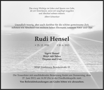 Traueranzeige von Rudi Hensel von Ostfriesischer Kurier