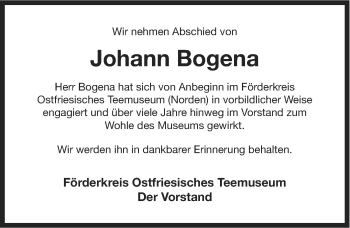 Traueranzeige von Johann Bogena von Ostfriesischer Kurier