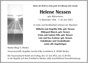 Traueranzeige von Helene Nessen von Ostfriesischer Kurier