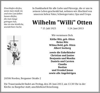 Traueranzeige von Wilhelm Otten von Ostfriesischer Kurier