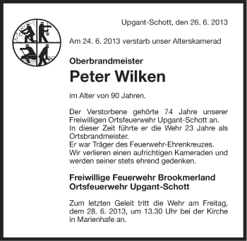 Traueranzeige von Peter Wilken von Ostfriesischer Kurier