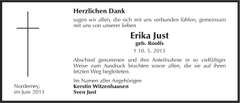 Traueranzeige von Erika Just von Ostfriesischer Kurier