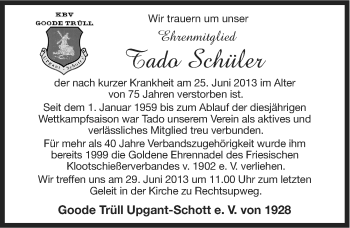 Traueranzeige von Tado Schüler von Ostfriesischer Kurier