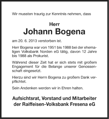 Traueranzeige von Johann Bogena von Ostfriesischer Kurier