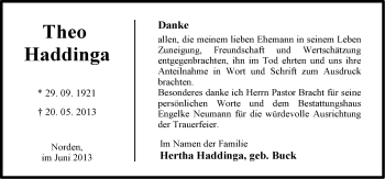 Traueranzeige von Theo Haddinga von Ostfriesischer Kurier