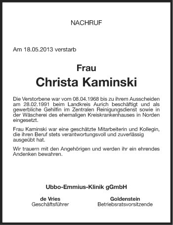 Traueranzeige von Christa Kaminski von Ostfriesischer Kurier