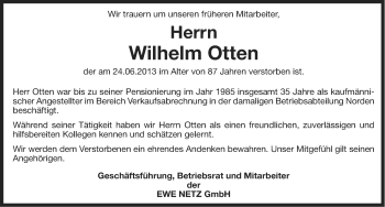 Traueranzeige von Wilhelm Otten von Ostfriesischer Kurier