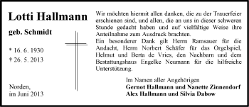 Traueranzeige von Lotti Hallmann von Ostfriesischer Kurier