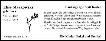 Traueranzeige von Elise Markowsky von Ostfriesischer Kurier