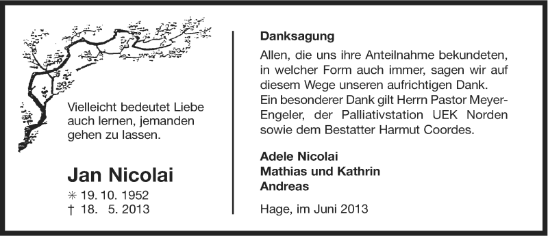  Traueranzeige für Jan Nicolai vom 29.06.2013 aus Ostfriesischer Kurier