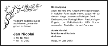 Traueranzeige von Jan Nicolai von Ostfriesischer Kurier