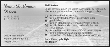 Traueranzeige von Enno Dollmann Kleen von Ostfriesischer Kurier