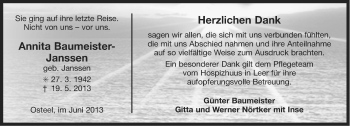 Traueranzeige von Annita Baumeister-Janssen von Ostfriesischer Kurier