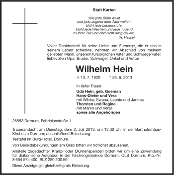 Traueranzeige von Wilhelm Hein von Ostfriesischer Kurier