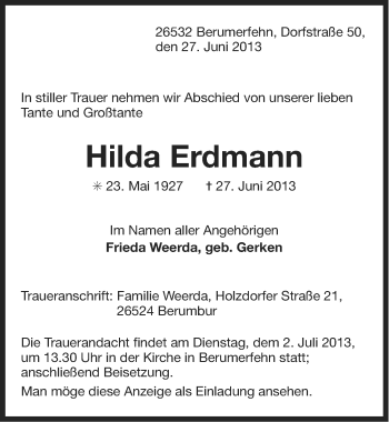 Traueranzeige von Hilda Erdmann von Ostfriesischer Kurier