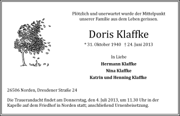 Traueranzeige von Doris Klaffke von Ostfriesischer Kurier