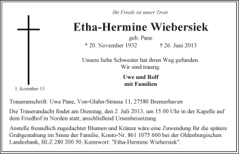 Traueranzeige von Etha-Hermine Wiebersiek von Ostfriesischer Kurier