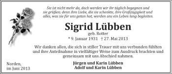 Traueranzeige von Sigrid Lübben von Ostfriesischer Kurier