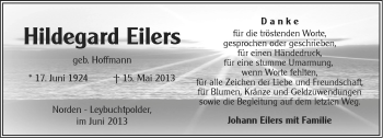 Traueranzeige von Hildegard Eilers von Ostfriesischer Kurier