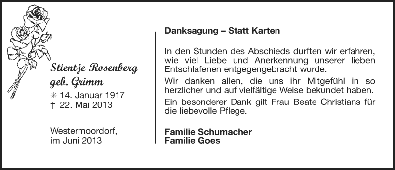  Traueranzeige für Stientje Rosenberg vom 29.06.2013 aus Ostfriesischer Kurier