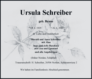Traueranzeige von Ursula Schreiber von Ostfriesischer Kurier
