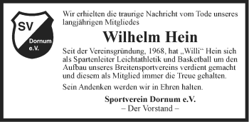 Traueranzeige von Wilhelm Hein von Ostfriesischer Kurier