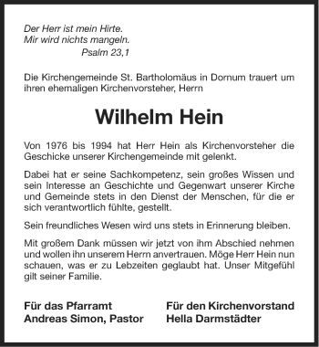 Traueranzeige von Wilhelm Hein von Ostfriesischer Kurier
