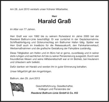 Traueranzeige von Harald Graß von Ostfriesischer Kurier