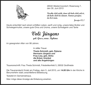 Traueranzeige von Voli Jürgens von Ostfriesischer Kurier