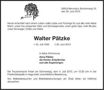 Traueranzeige von Walter Pätzke von Ostfriesischer Kurier