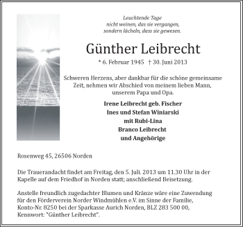 Traueranzeige von Günther Leibrecht von Ostfriesischer Kurier