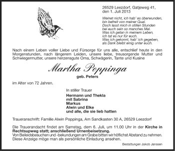 Traueranzeige von Martha Poppinga von Ostfriesischer Kurier