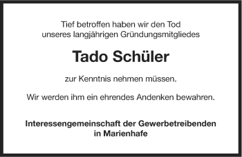 Traueranzeige von Tado Schüler von Ostfriesischer Kurier